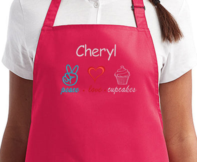 Personalized Apron Embroidered Peace Love Cupcakes Design Add a Name