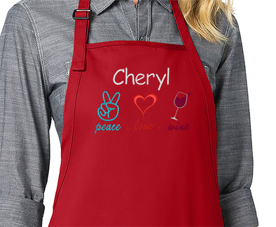 Personalized Apron Embroidered Peace Love Wine Design Add a Name