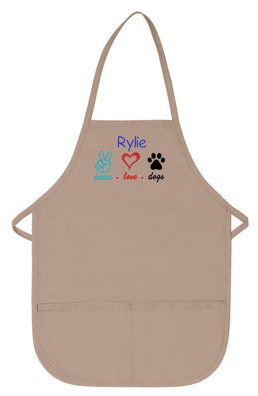 Personalized Child Apron Embroidered Peace Love Dog Design Add a Name - The ApronPlace