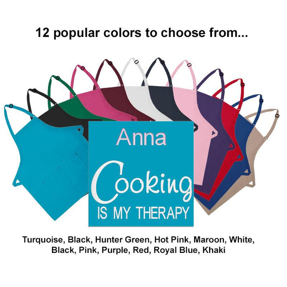 Personalized Apron Embroidered Cooking Is My Therapy Design Add a Name - The ApronPlace