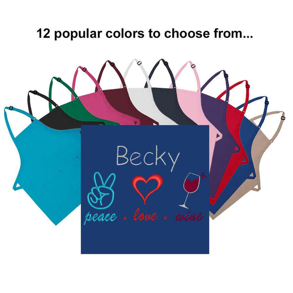Personalized Apron Embroidered Peace Love Wine Design Add a Name - The ApronPlace