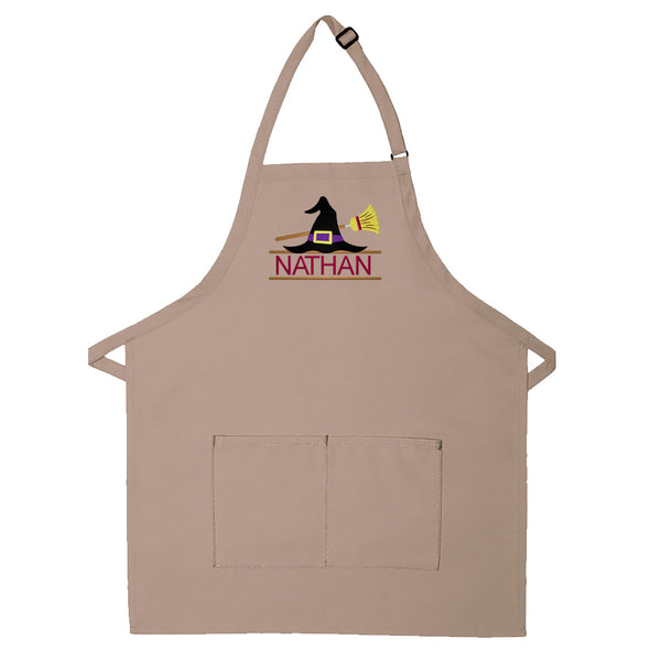 Personalized Apron Embroidered Witch Hat and Broom Design Add a Name
