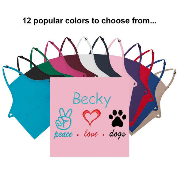 Personalized Apron Embroidered Peace Love Dogs Design Add a Name - The ApronPlace