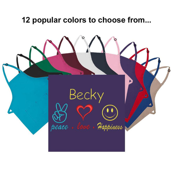 Personalized Apron Embroidered Peace Love Happiness Design Add a Name - The ApronPlace
